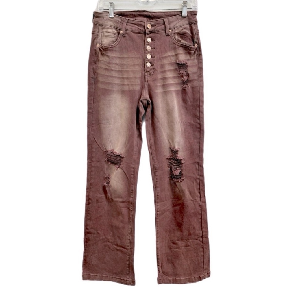GRAPENT Brown Distressed Flare Jeans High Rise Button Fly Size 10